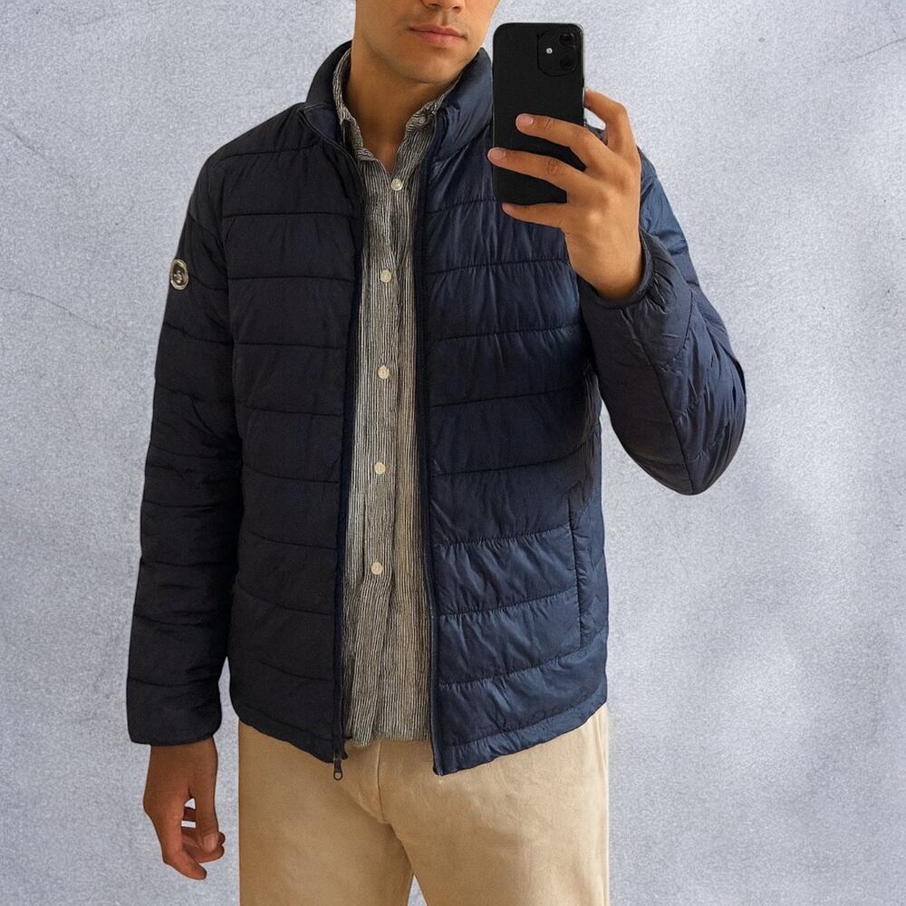 Abercrombie & Fitch Packable Navy Red Lining Full Zip Puffer Jacket Small